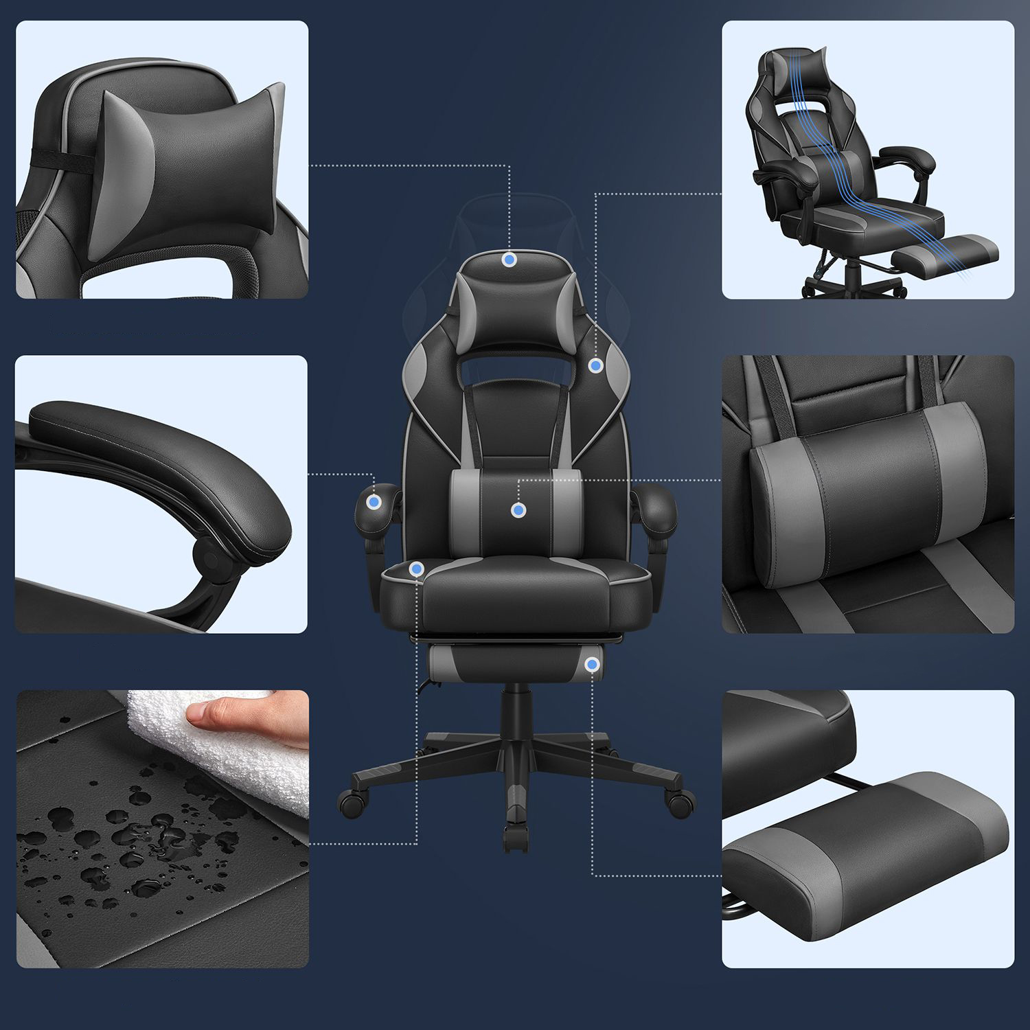 Gamingstol med fotstöd - Grå & Svart - Bild 4