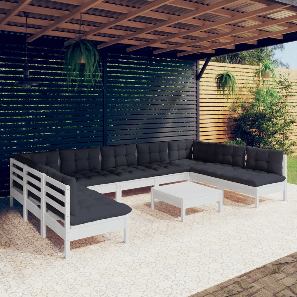 Loungegrupp med dynor 10 delar vit massiv furu