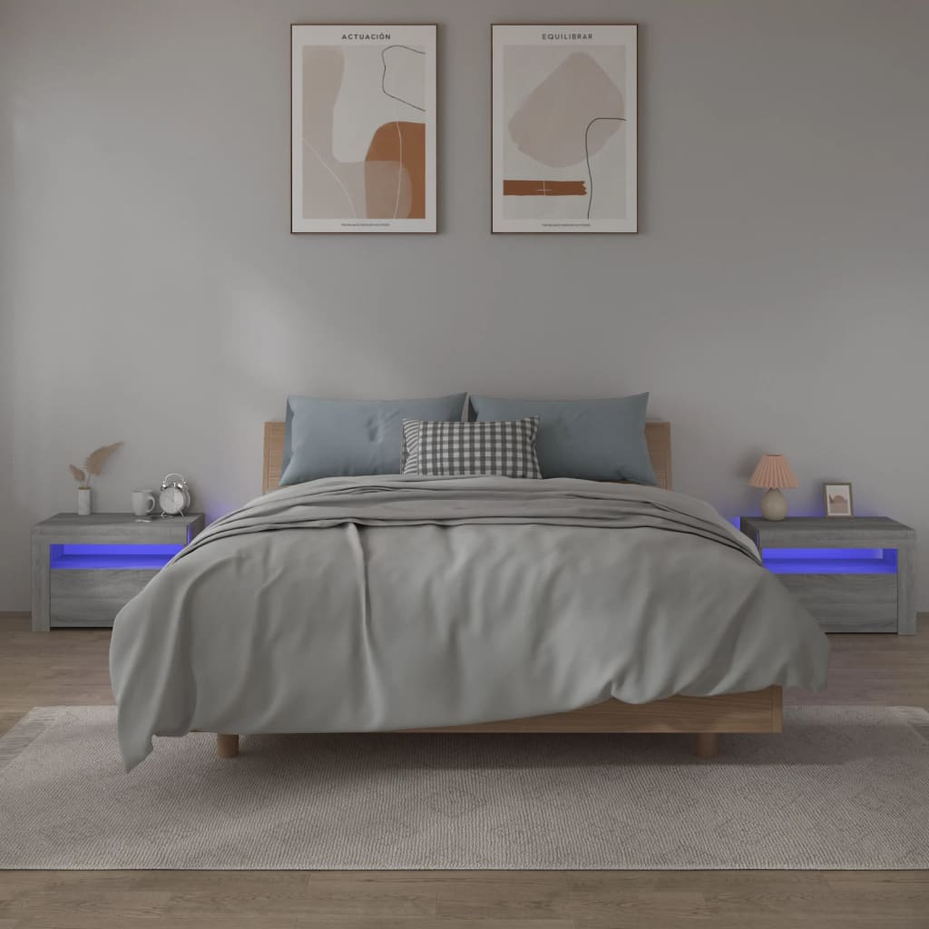 Sängbord 2 st med LED-belysning Grå sonoma 60x35x40 cm