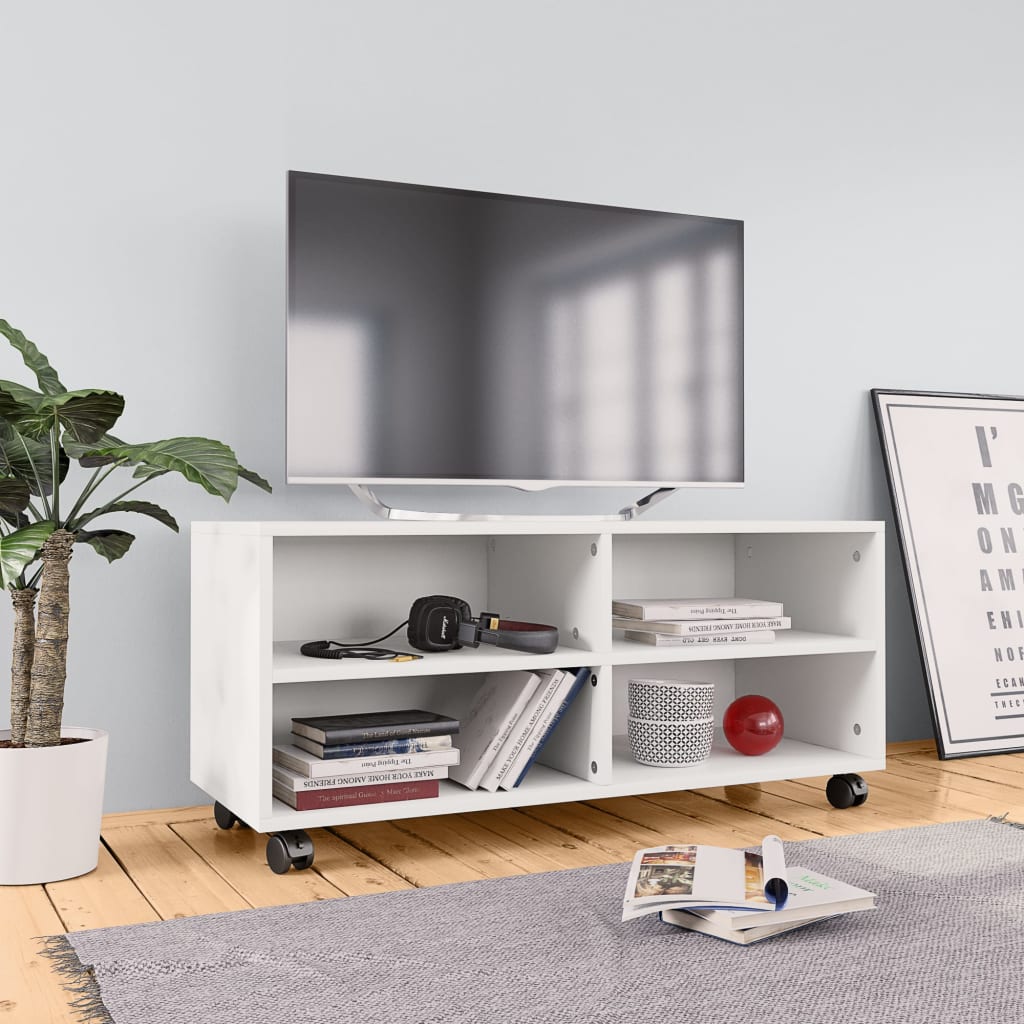 Tv-bänk med hjul vit 90x35x35 cm konstruerat trä