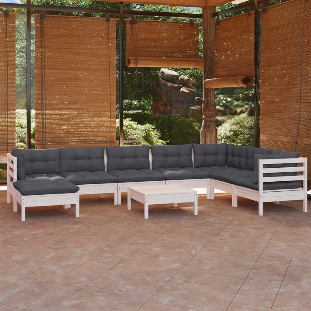 Loungegrupp med dynor 9 delar vit massiv furu
