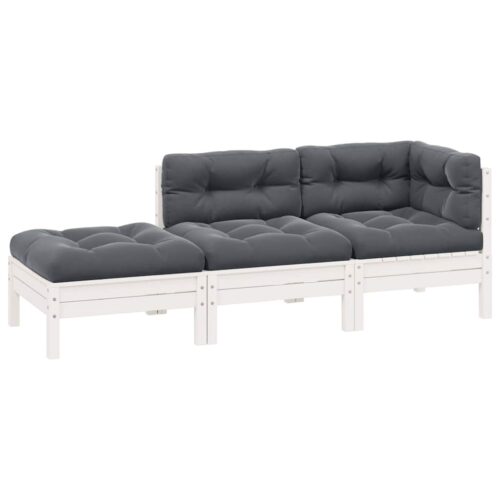 Loungegrupp med dynor 3 delar vit massiv furu