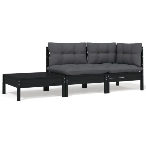Loungegrupp med dynor svart 3 delar massiv furu