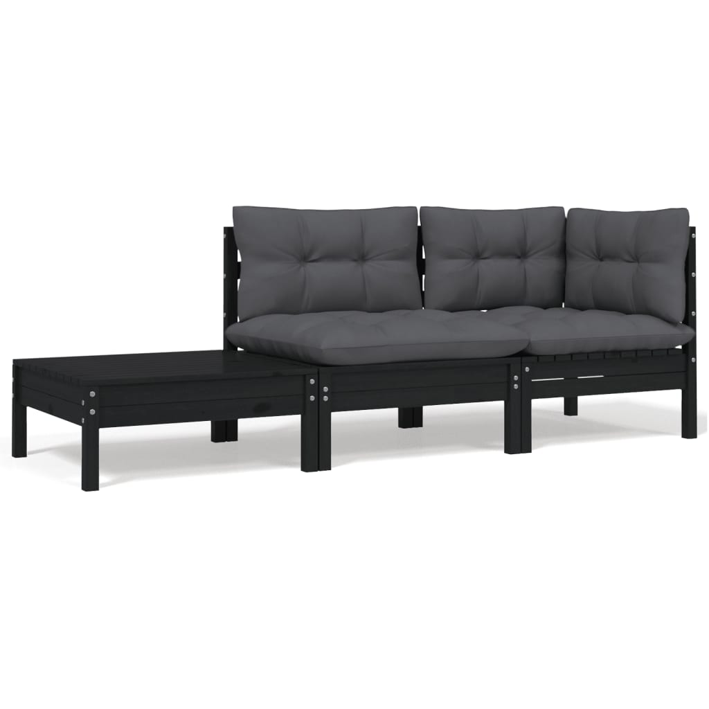 Loungegrupp med dynor svart 3 delar massiv furu