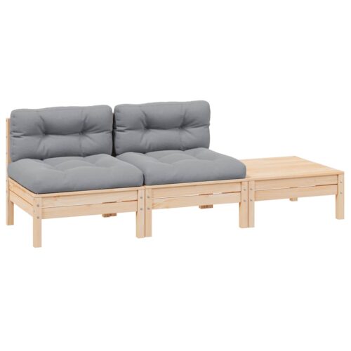 Loungegrupp med grå dynor 3 delar massiv furu