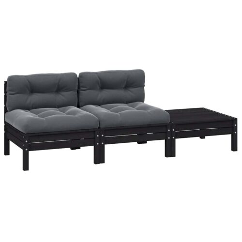 Loungegrupp med dynor svart 3 delar massiv furu