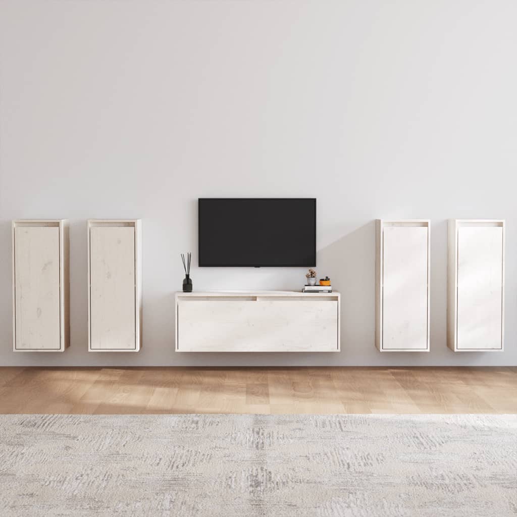 Tv-bänk 5 delar vit massiv furu