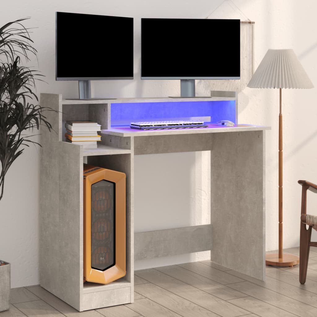 Skrivbord med LED betonggrå 97x45x90 cm konstruerat trä