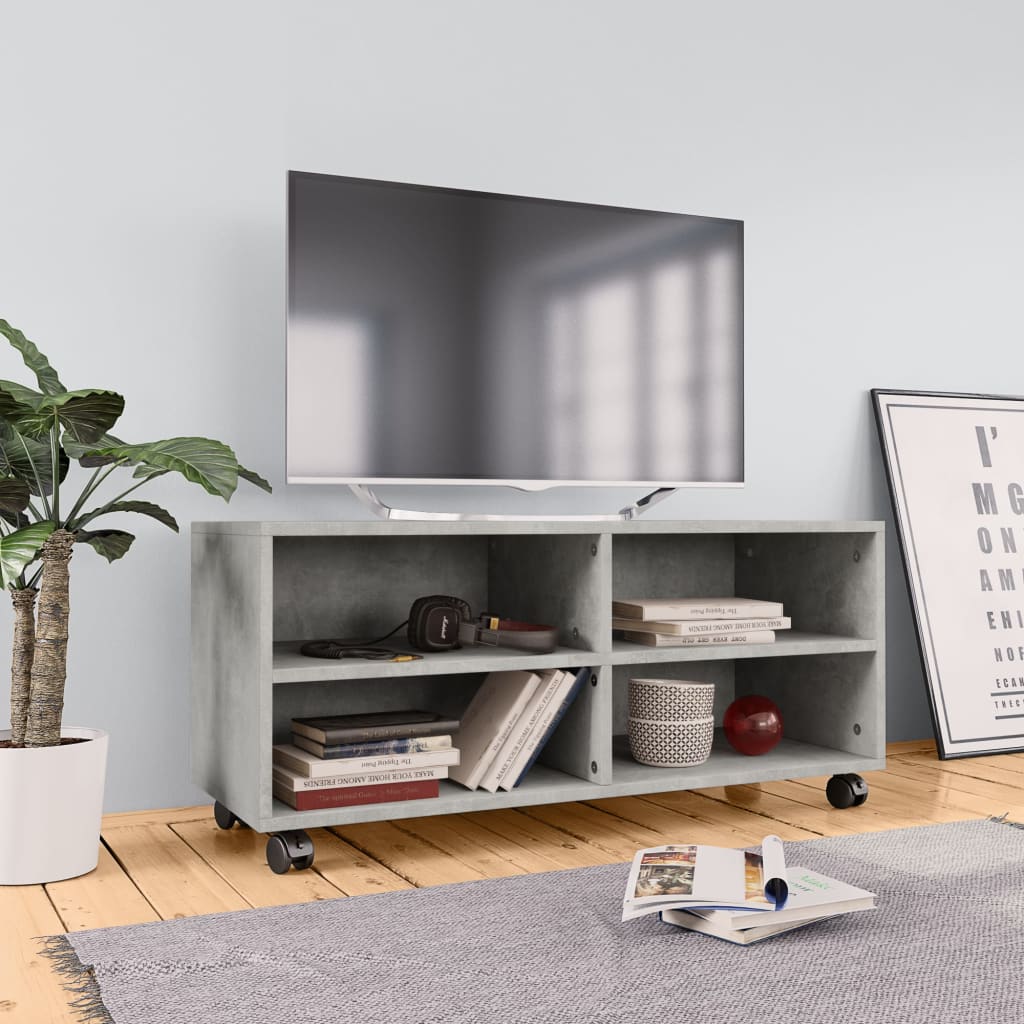 Tv-bänk med hjul betonggrå 90x35x35 cm konstruerat trä