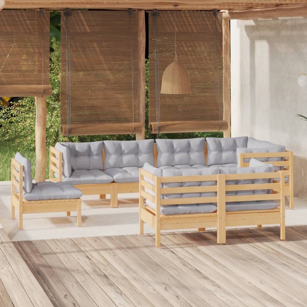 Loungegrupp med grå dynor 8 delar massiv furu