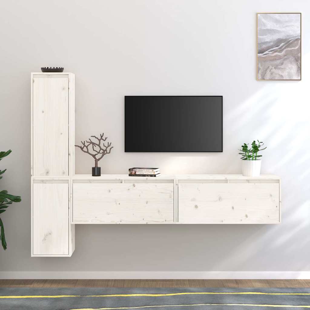 Tv-bänk 4 delar vit massiv furu