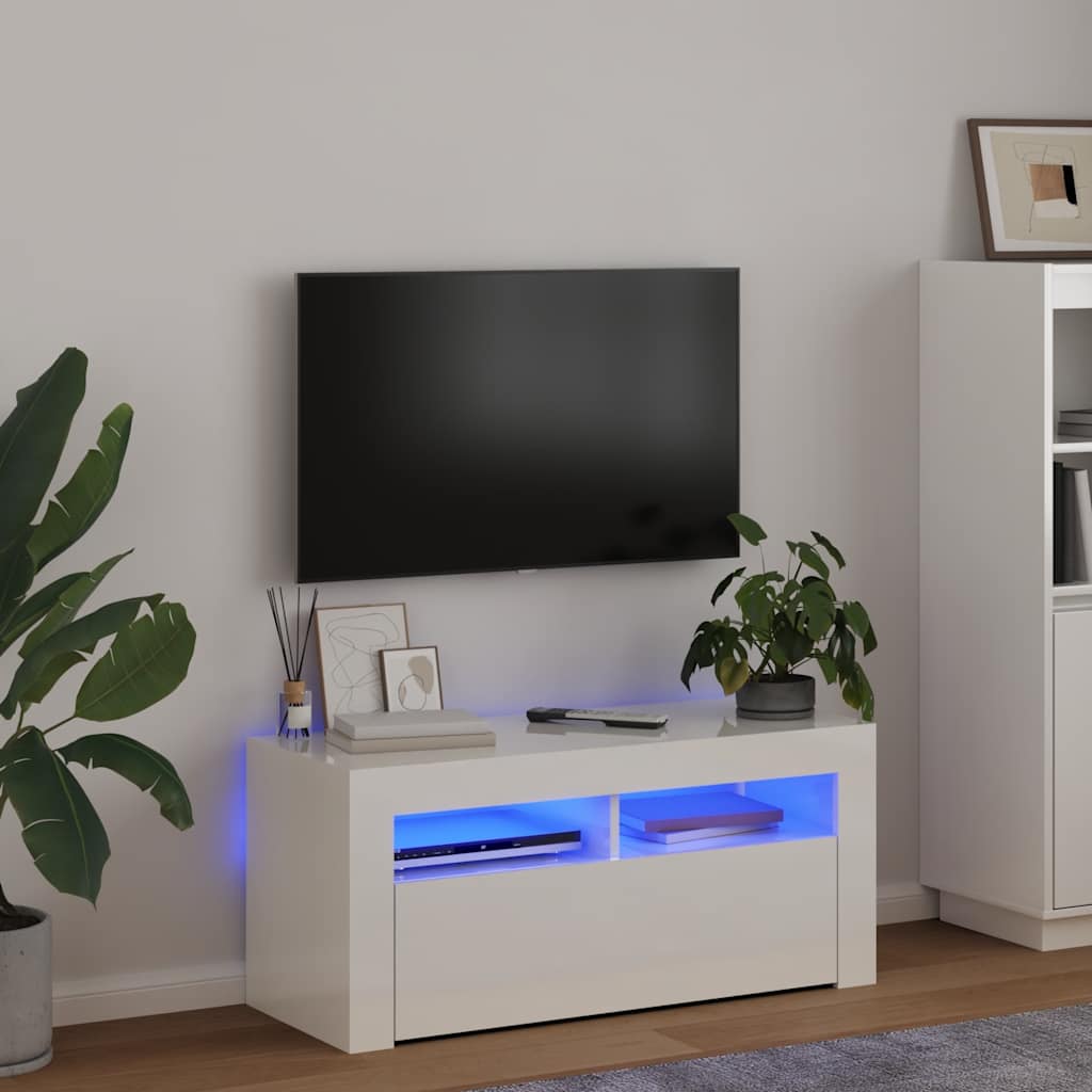 TV-bänk med LED-belysning vit högglans 90x35x40 cm