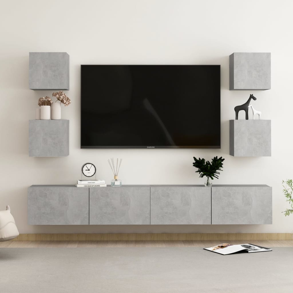 Tv-skåp 6 delar betonggrå konstruerat trä
