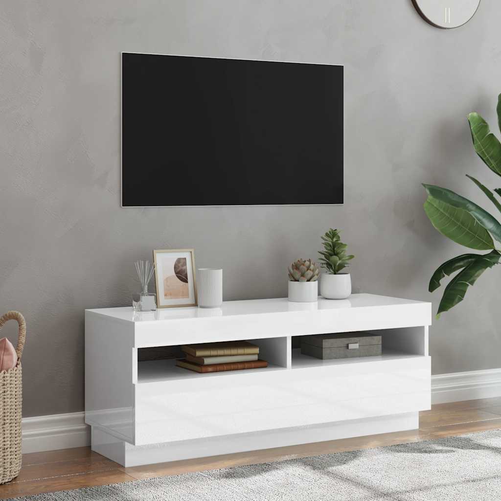 TV-bänk med LED-belysning vit högglans 100x35x40 cm