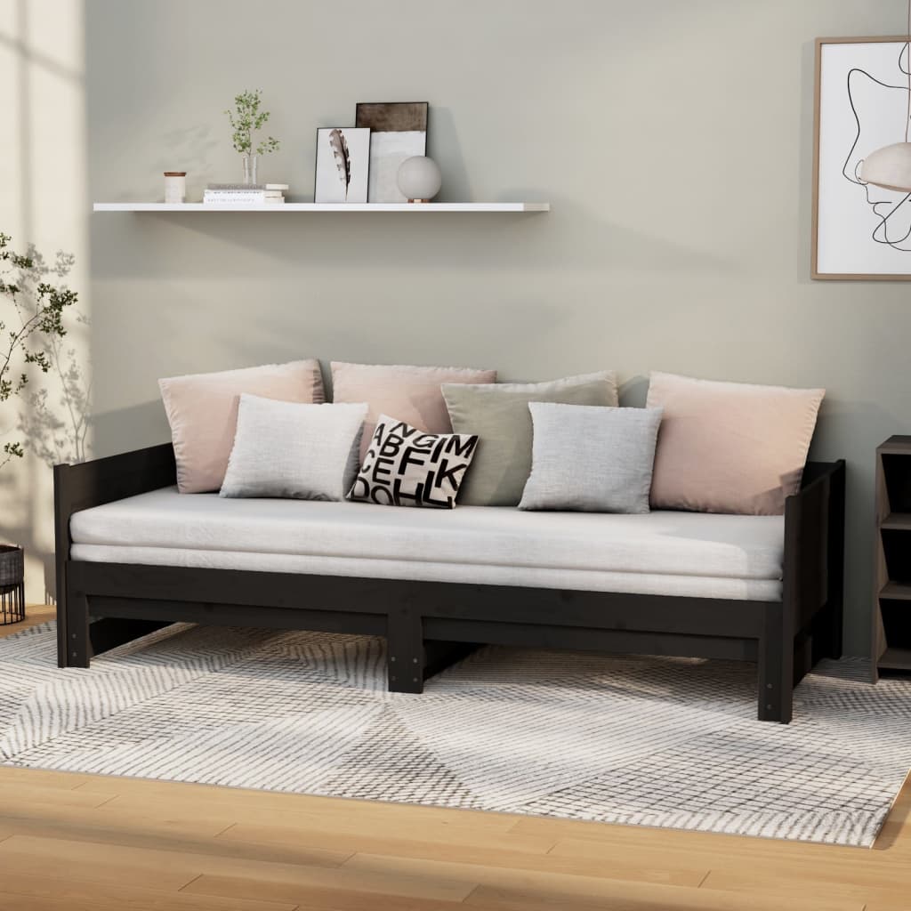 Utdragbar dagbädd svart massiv furu 2x(90x200) cm