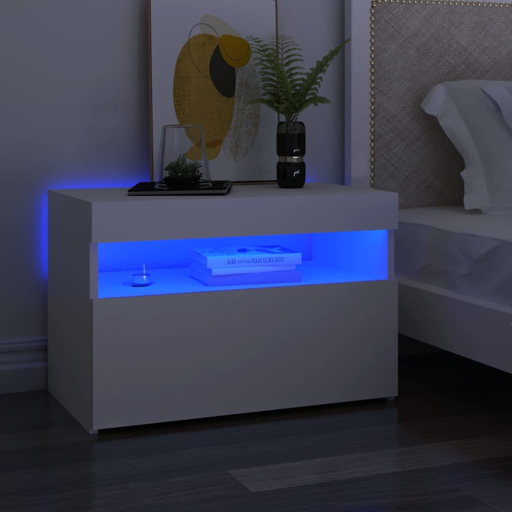 Sängbord med LED-belysning vit 60x35x40 cm konstruerat trä
