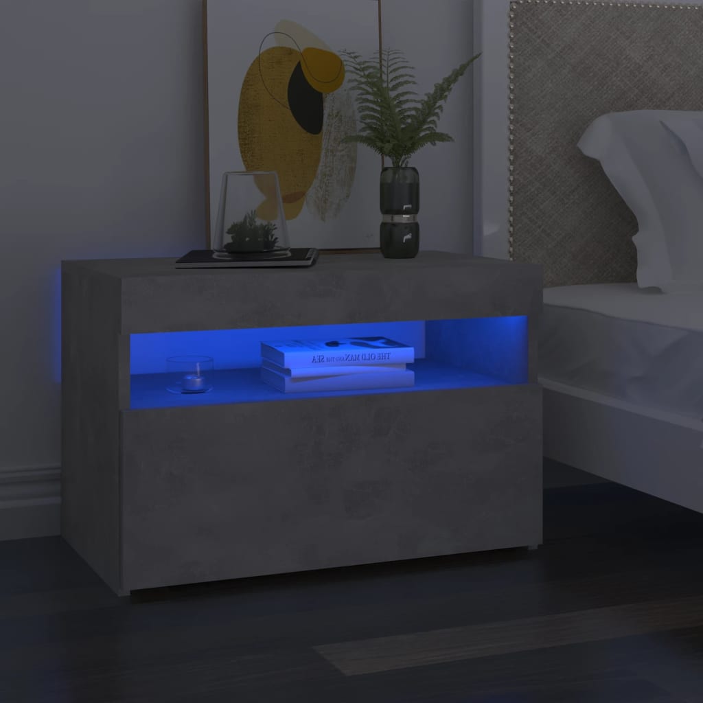 Sängbord med LED-belysning betonggrå 60x35x40 cm