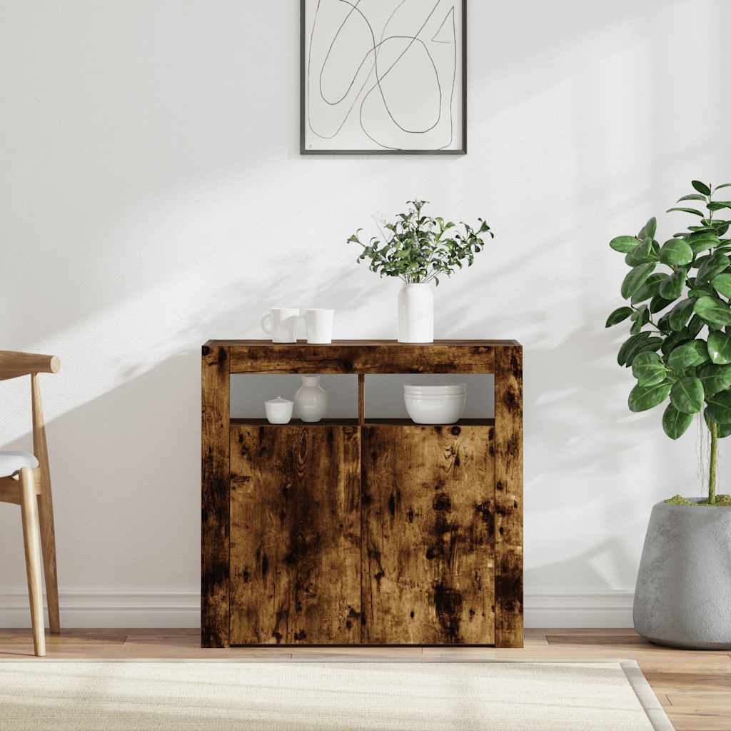 Skänk med LED-belysning rökfärgad ek 80x35x75 cm