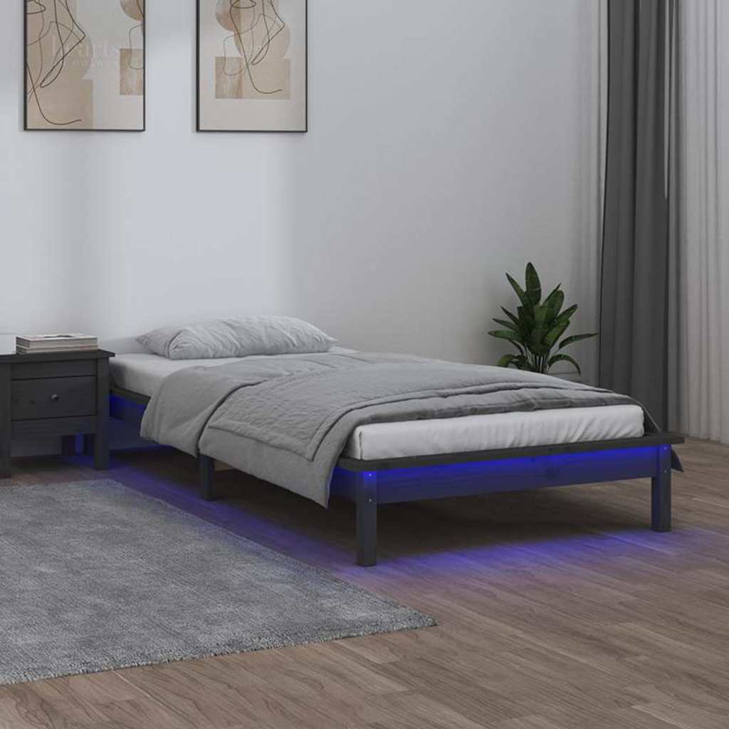 Sängram LED grå 100x200 cm massivt trä