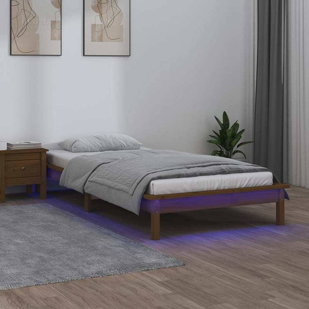 Sängram LED honungsbrun 100x200 cm massivt trä