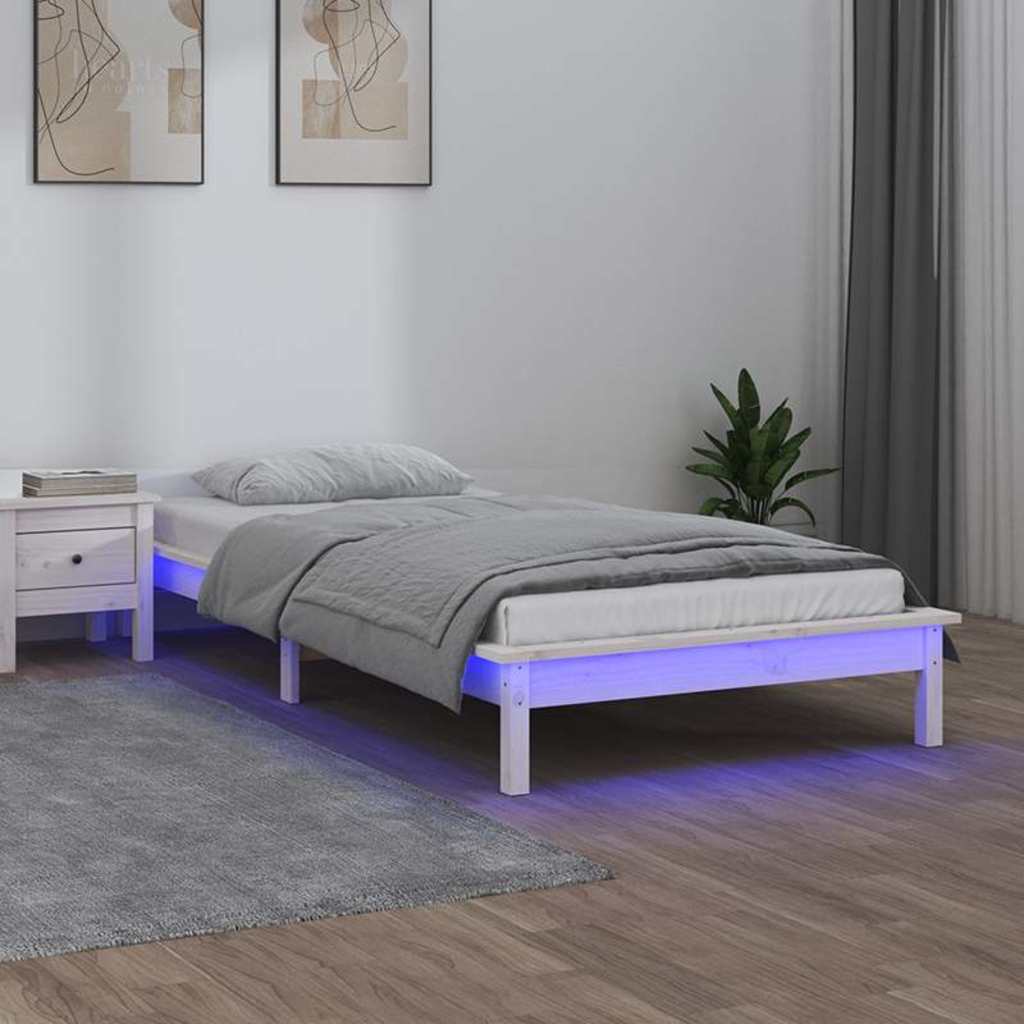 Sängram LED vit 75x190 cm massivt trä