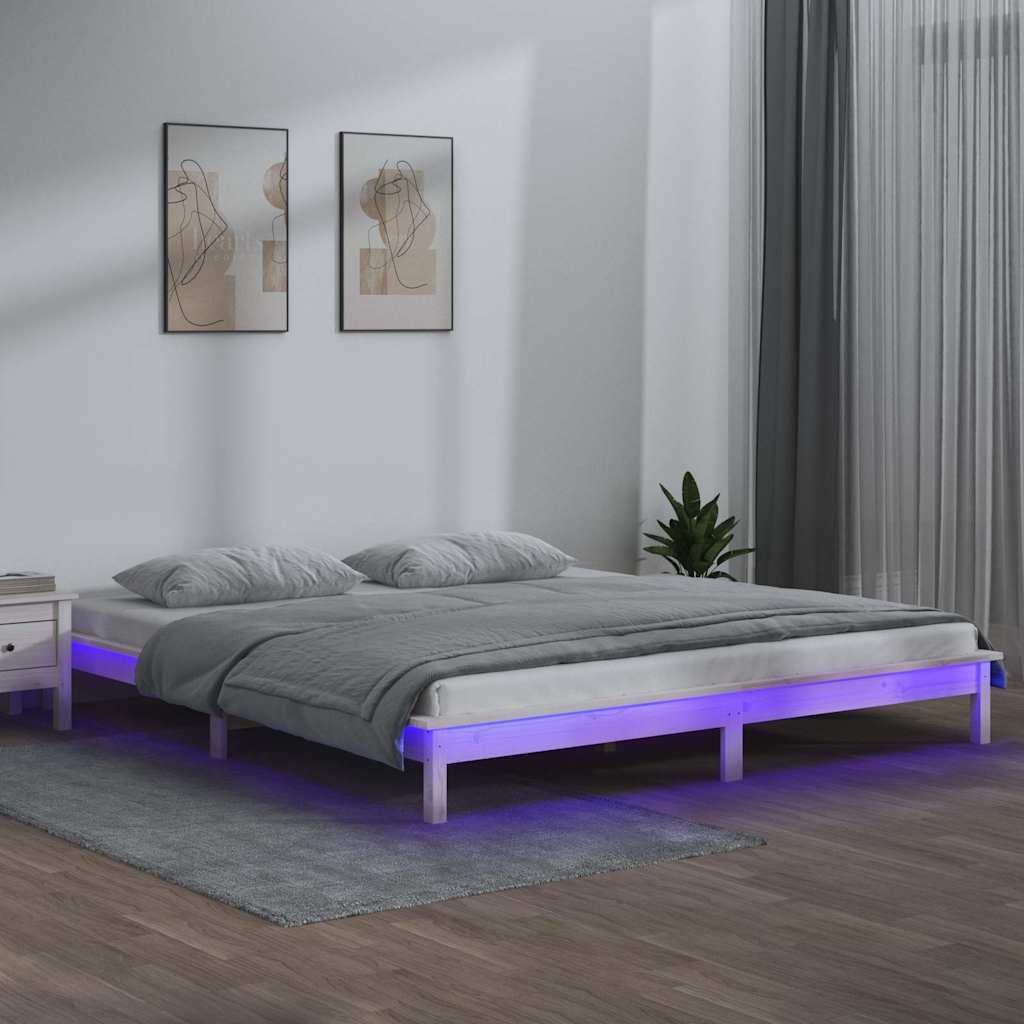 Sängram LED vit 135x190 cm massivt trä