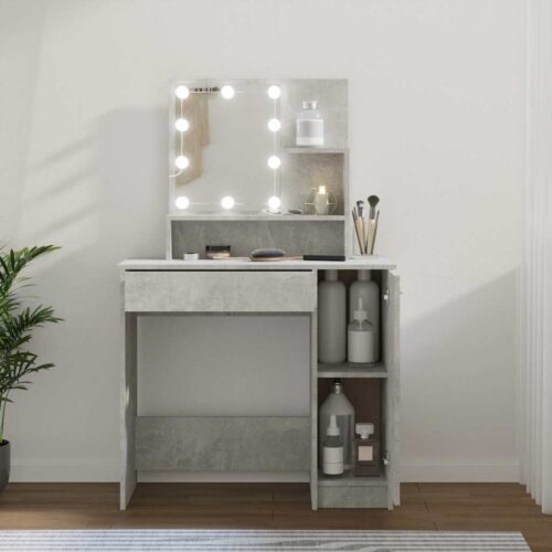 Sminkbord med LED betonggrå 86,5x35x136 cm