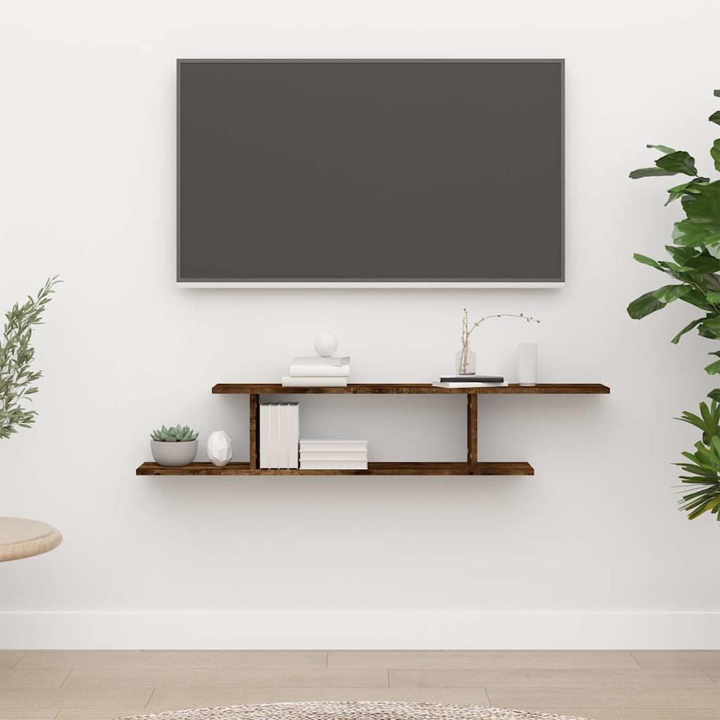 Väggmonterad tv-hylla rökfärgad ek 125x18x23 cm konstruerat trä