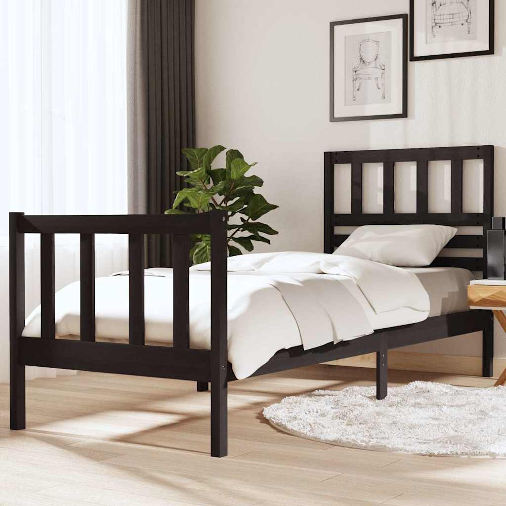 Sängram massiv furu 75x190 cm svart