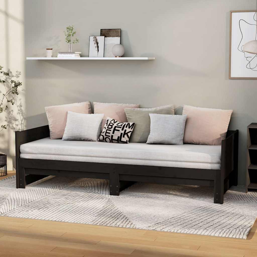 Utdragbar dagbädd svart massiv furu 2x(90x200) cm