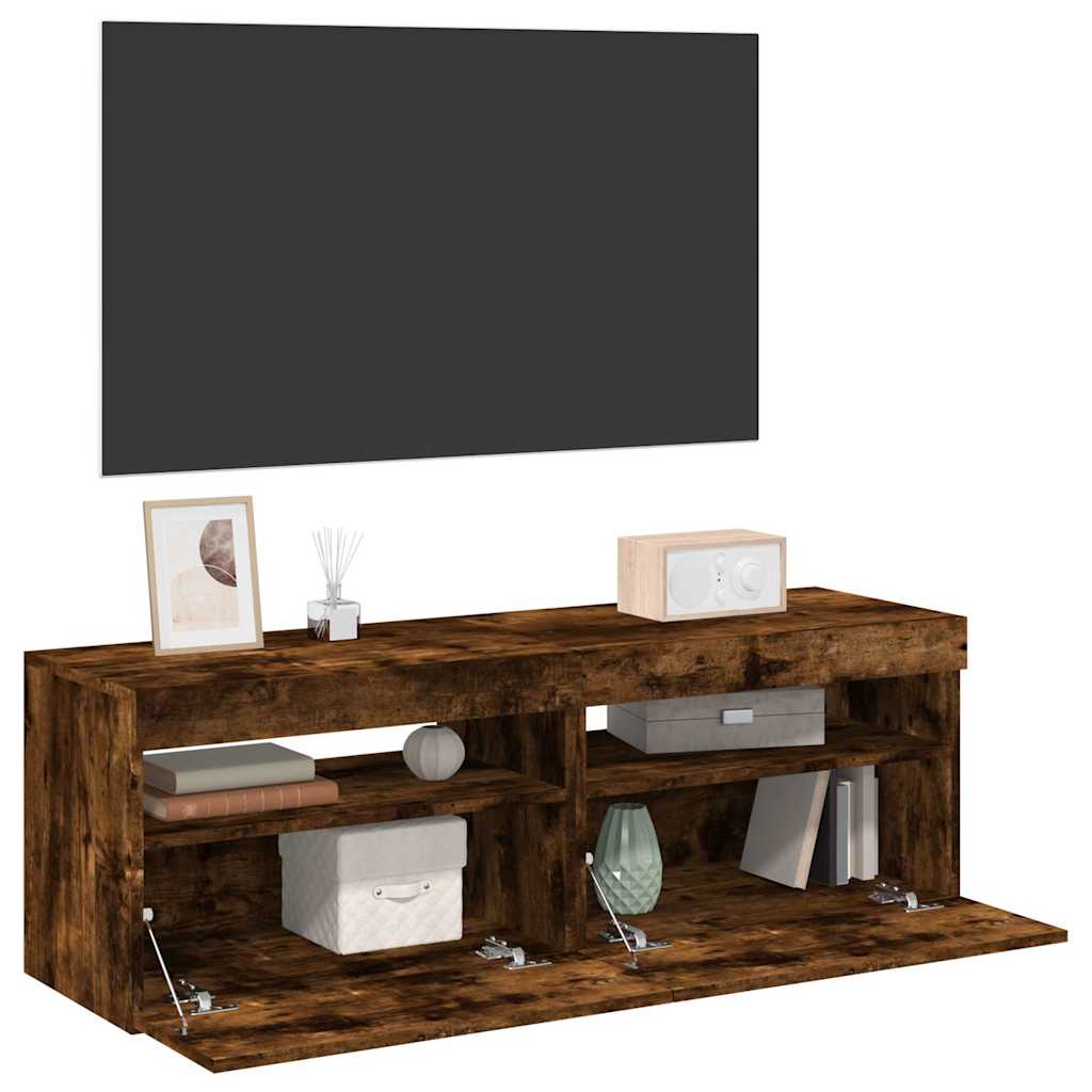 Tv-bänkar 2 st med LED-belysning rökfärgad ek 60x35x40 cm
