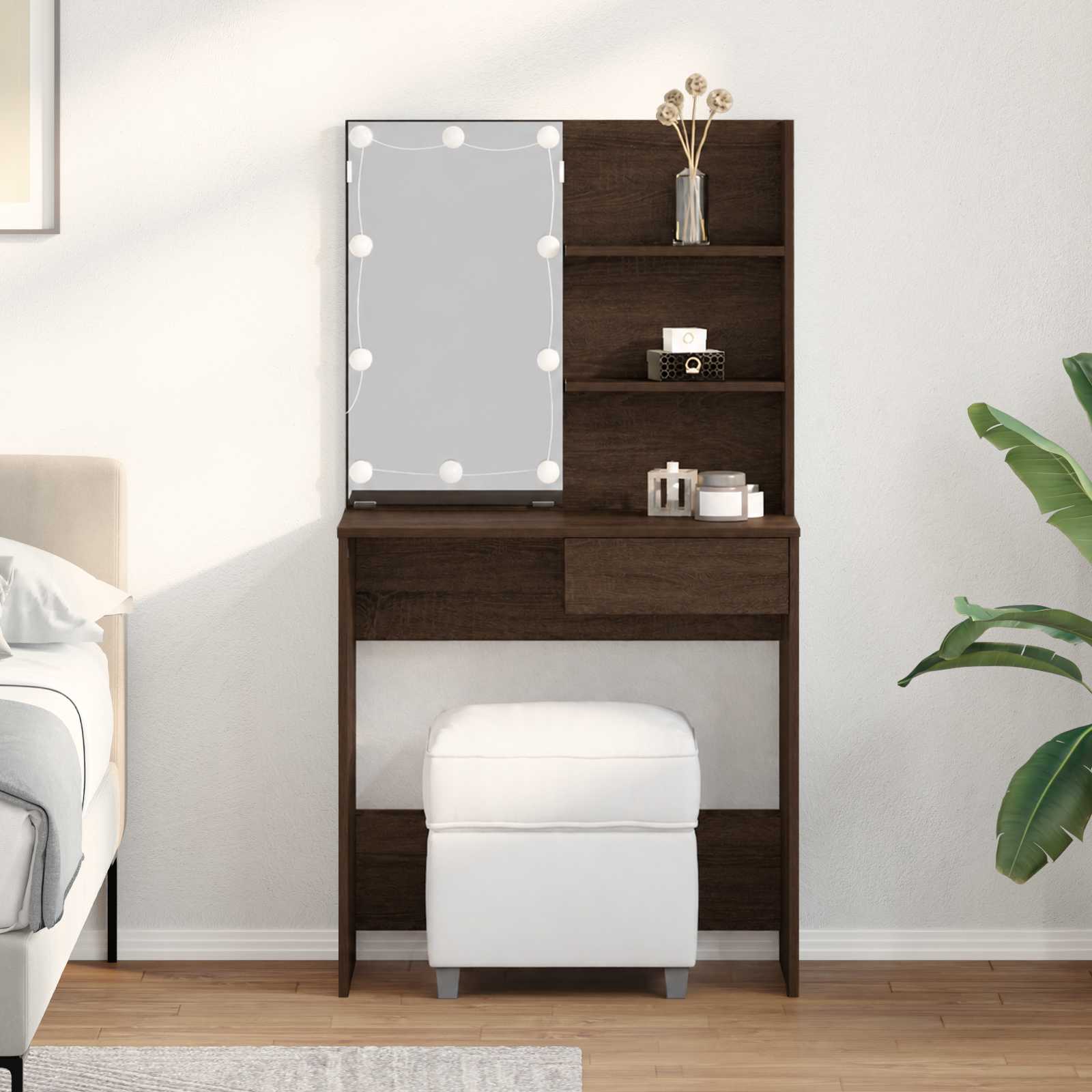 Sminkbord med LED brun ek 74,5x40x141 cm